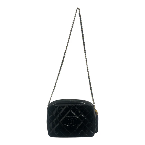 1990s Chanel Black Patent Leather camera bag with gold hardware