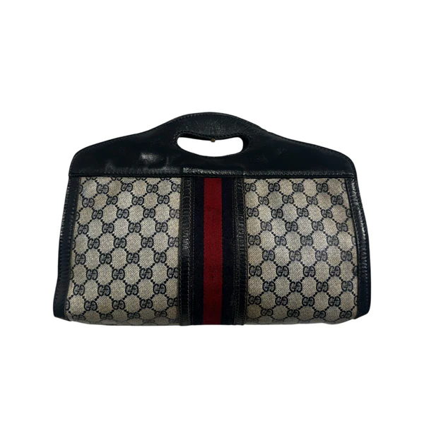 1970s-1980s Gucci Sherry Line Navy Leather and Canvas Tote