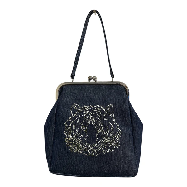 2000s Chloe Denim Kisslock purse with sequin Tiger Head from the Phoebe Philo Era.