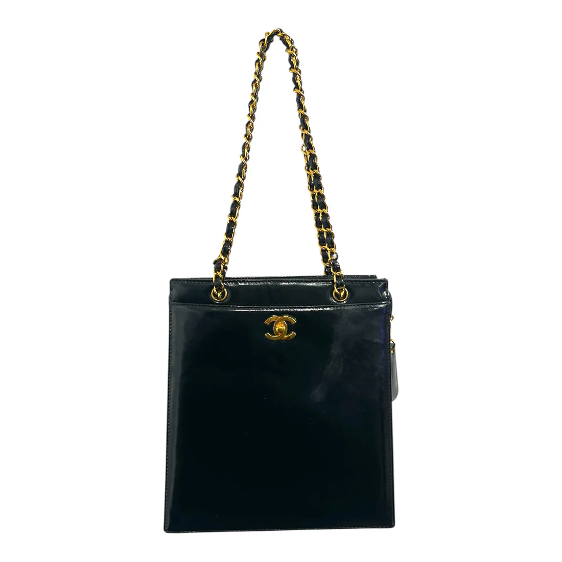 1980s Chanel Black Patent Leather 24K Gold Plated Hardware tote from Karl Lagerfeld era.