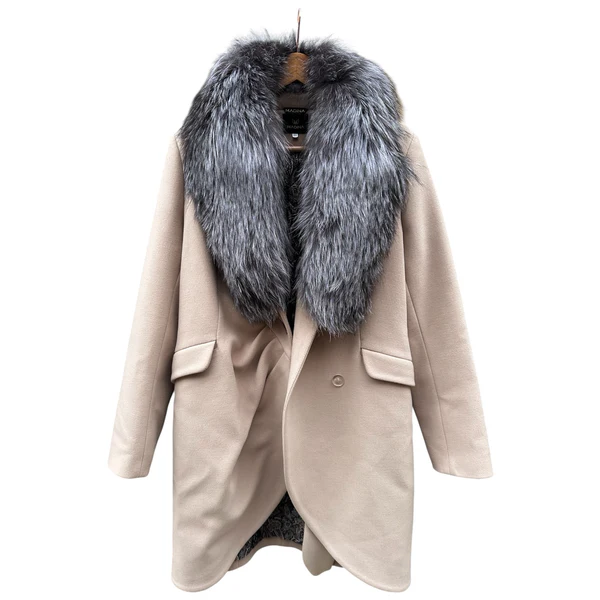 Blush Wool Blend Coat with Silver Fox Fur Collar